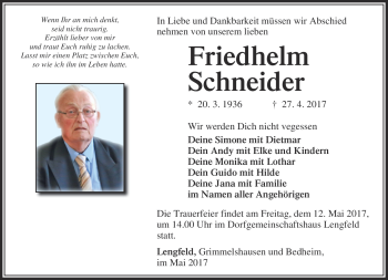 Traueranzeige von Friedhelm Schneider von Südthüringer Presse