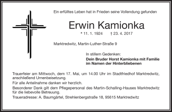 Traueranzeige von Erwin Kamionka von Frankenpost