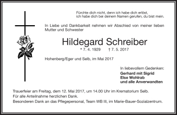Traueranzeige von Hildegard Schreiber von Frankenpost