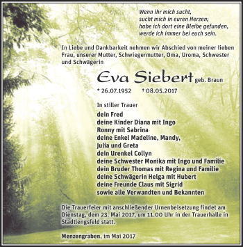 Traueranzeige von Eva Siebert von Südthüringer Presse