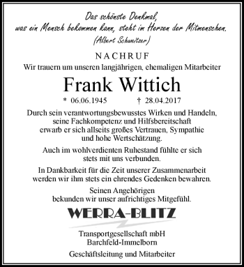 Traueranzeige von Frank Wittich von Südthüringer Presse