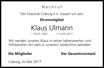 Traueranzeige von Klaus Ulmann von Neue Presse Coburg