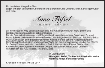 Traueranzeige von Anna Flößel von Neue Presse Coburg