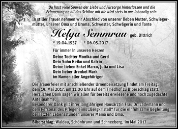Traueranzeige von Helga Semmrau von Südthüringer Presse