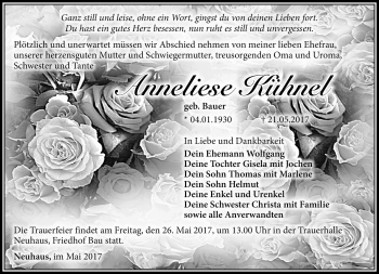 Traueranzeige von Anneliese Kühnel von Südthüringer Presse