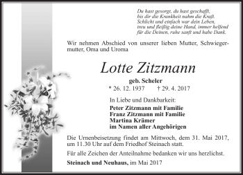 Traueranzeige von Lotte Zitzmann von Südthüringer Presse