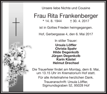 Traueranzeige von Rita Frankenberger von Frankenpost