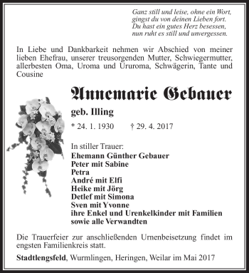 Traueranzeige von Annemarie Gebauer von Südthüringer Presse