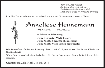 Traueranzeige von Anneliese Heunemann von Südthüringer Presse