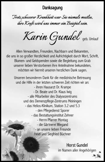 Traueranzeige von Karin Gundel von Südthüringer Presse