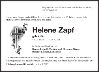 Traueranzeige von Helene Zapf von Südthüringer Presse
