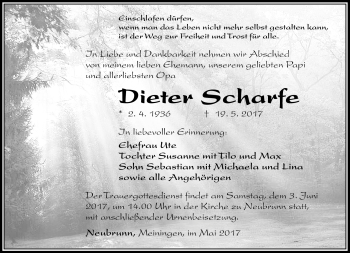 Traueranzeige von Dieter Scharfe von Südthüringer Presse
