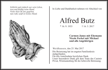 Traueranzeige von Alfred Butz von Neue Presse Coburg