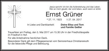 Traueranzeige von Ernst Grüner von Frankenpost