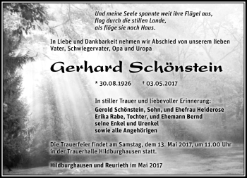 Traueranzeige von Gerhard Schönstein von Südthüringer Presse