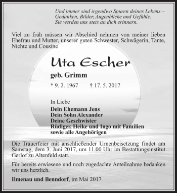 Traueranzeige von Uta Escher von Südthüringer Presse