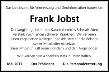 Traueranzeige von Frank Jobst von Südthüringer Presse
