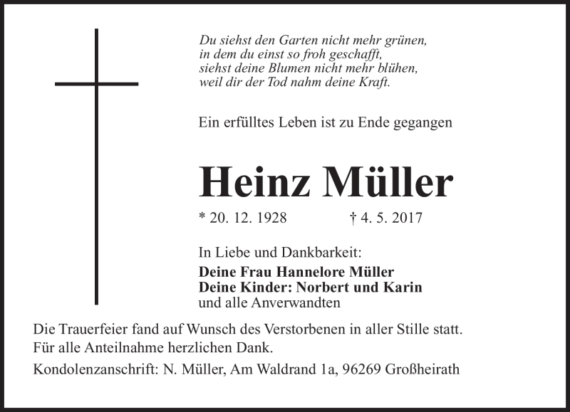  Traueranzeige für Heinz Müller vom 13.05.2017 aus Neue Presse Coburg