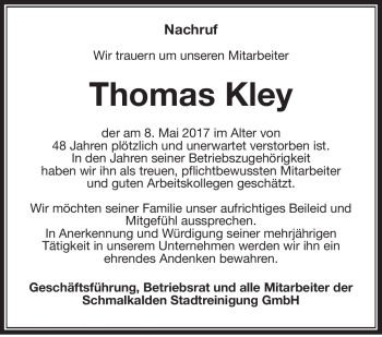 Traueranzeige von Thomas Kley von Südthüringer Presse