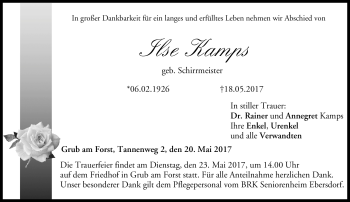 Traueranzeige von Ilse Kamps von Neue Presse Coburg