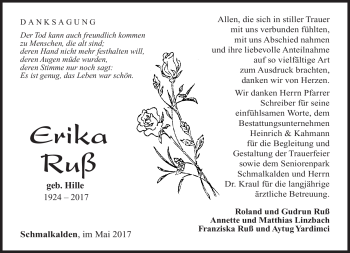 Traueranzeige von Erika Ruß von Südthüringer Presse