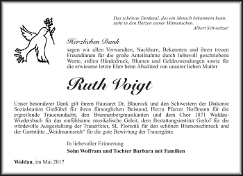 Traueranzeige von Ruth Voigt von Südthüringer Presse