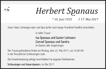 Traueranzeige von Herbert Spanaus von Südthüringer Presse