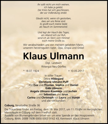 Traueranzeige von Klaus Ulmann von Neue Presse Coburg