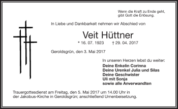 Traueranzeige von Veit Hüttner von Frankenpost