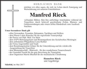Traueranzeige von Manfred Rieck von Südthüringer Presse