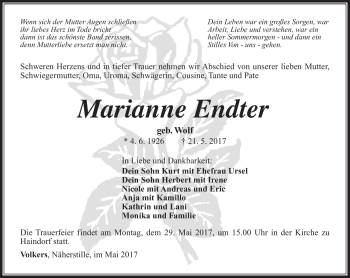 Traueranzeige von Marianne Endter von Südthüringer Presse
