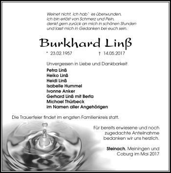 Traueranzeige von Burkhard Linß von Südthüringer Presse