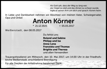 Traueranzeige von Anton Körner von Frankenpost