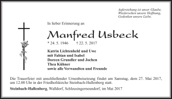 Traueranzeige von Manfred Usbeck von Südthüringer Presse