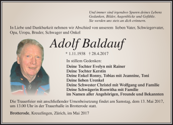 Traueranzeige von Adolf Baldauf von Südthüringer Presse