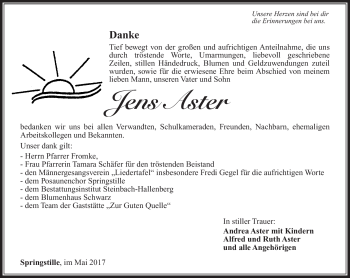Traueranzeige von Jens Aster von Südthüringer Presse