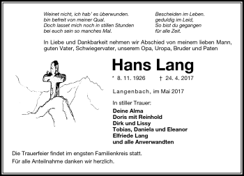 Traueranzeige von Hans Lang von Frankenpost