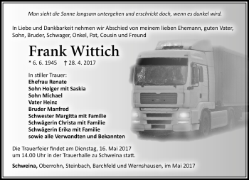 Traueranzeige von Frank Wittich von Südthüringer Presse