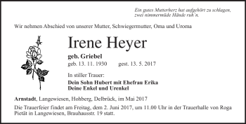 Traueranzeige von Irene Heyer von Südthüringer Presse