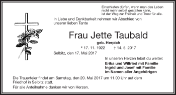 Traueranzeige von Jette Taubald von Frankenpost