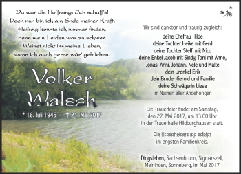 Traueranzeige von Volker Welsch von Südthüringer Presse