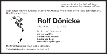 Traueranzeige von Rolf Dönicke von Südthüringer Presse