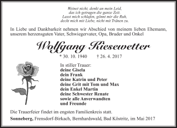 Traueranzeige von Wolfgang Kiesewetter von Südthüringer Presse