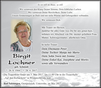Traueranzeige von Birgit Lochner von Südthüringer Presse