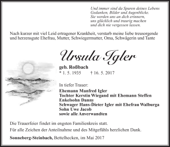 Traueranzeige von Ursula Igler von Südthüringer Presse