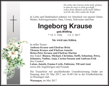Traueranzeige von Ingeborg Krause von Südthüringer Presse