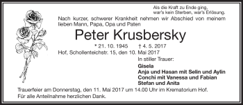 Traueranzeige von Peter Krusbersky von Frankenpost