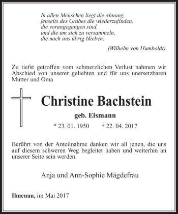 Traueranzeige von Christine Bachstein von Südthüringer Presse