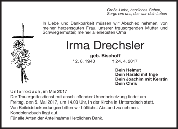 Traueranzeige von Irma Drechsler von Neue Presse Coburg