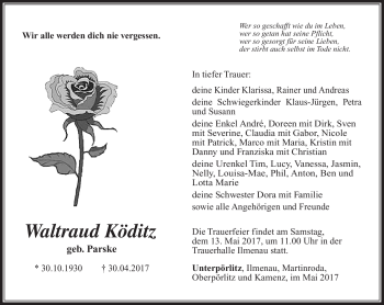 Traueranzeige von Waltraud Köditz von Südthüringer Presse